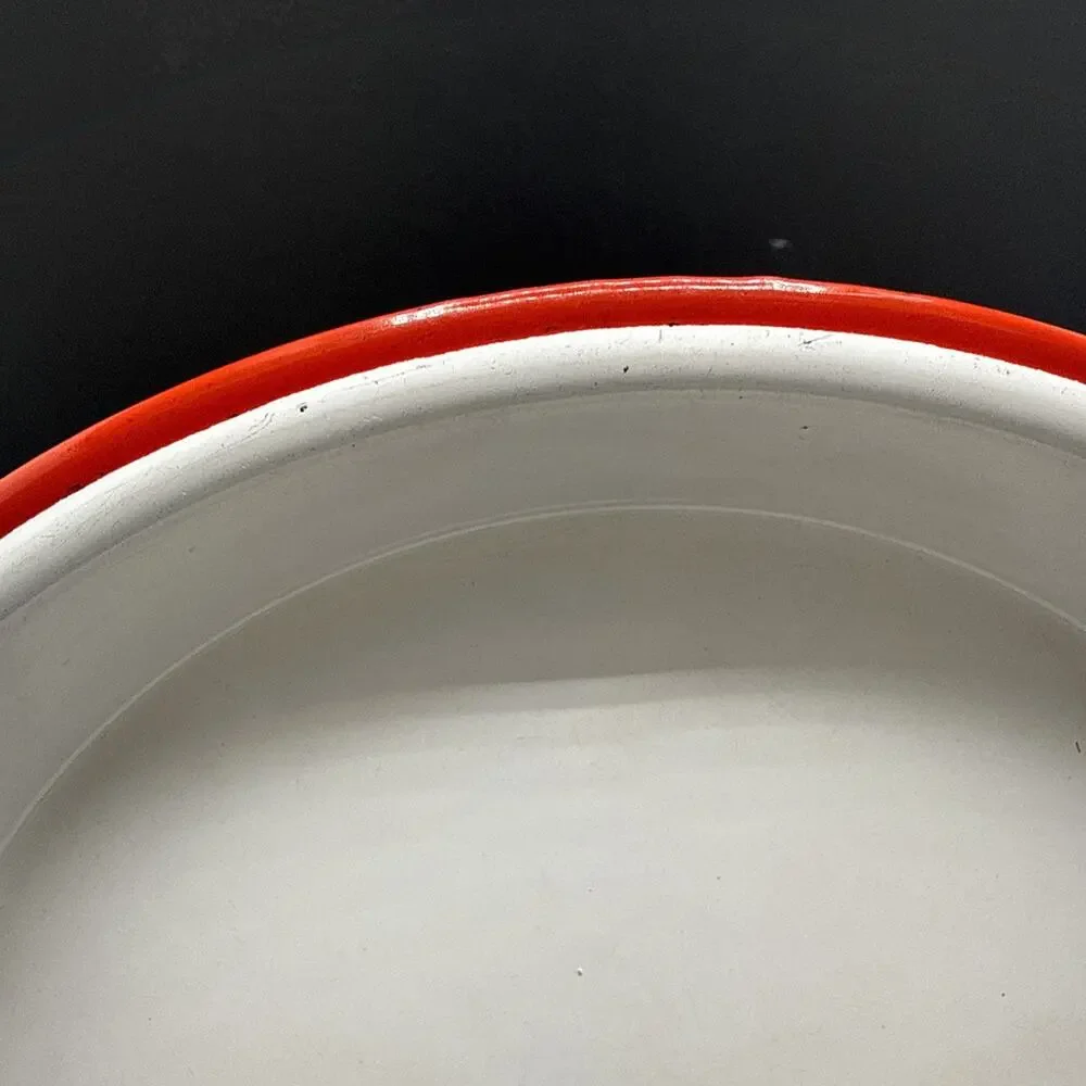 Vintage White Red Rim Enamelware Dinner Plate Farmhouse Camp Rustic 10 Inch
